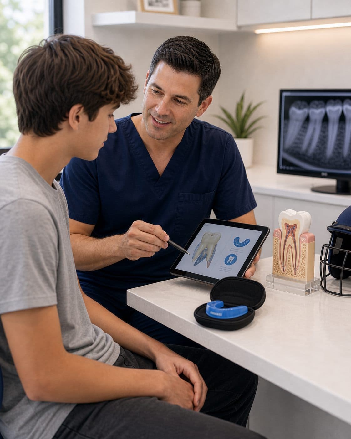 Dental trauma consultation with a mouthguard and tooth model at Solar Endodontics