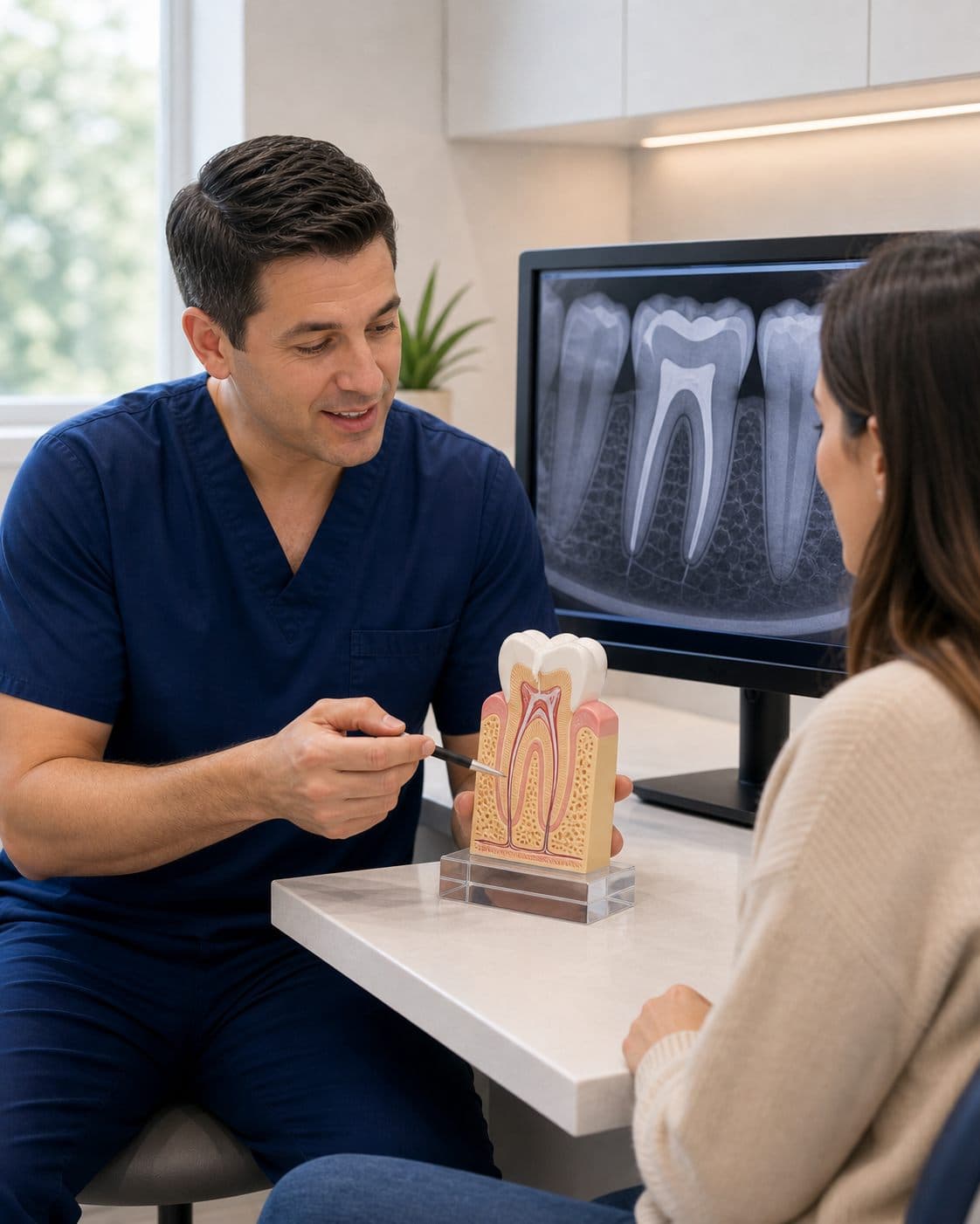 Endodontic retreatment consultation reviewing a previously treated tooth at Solar Endodontics