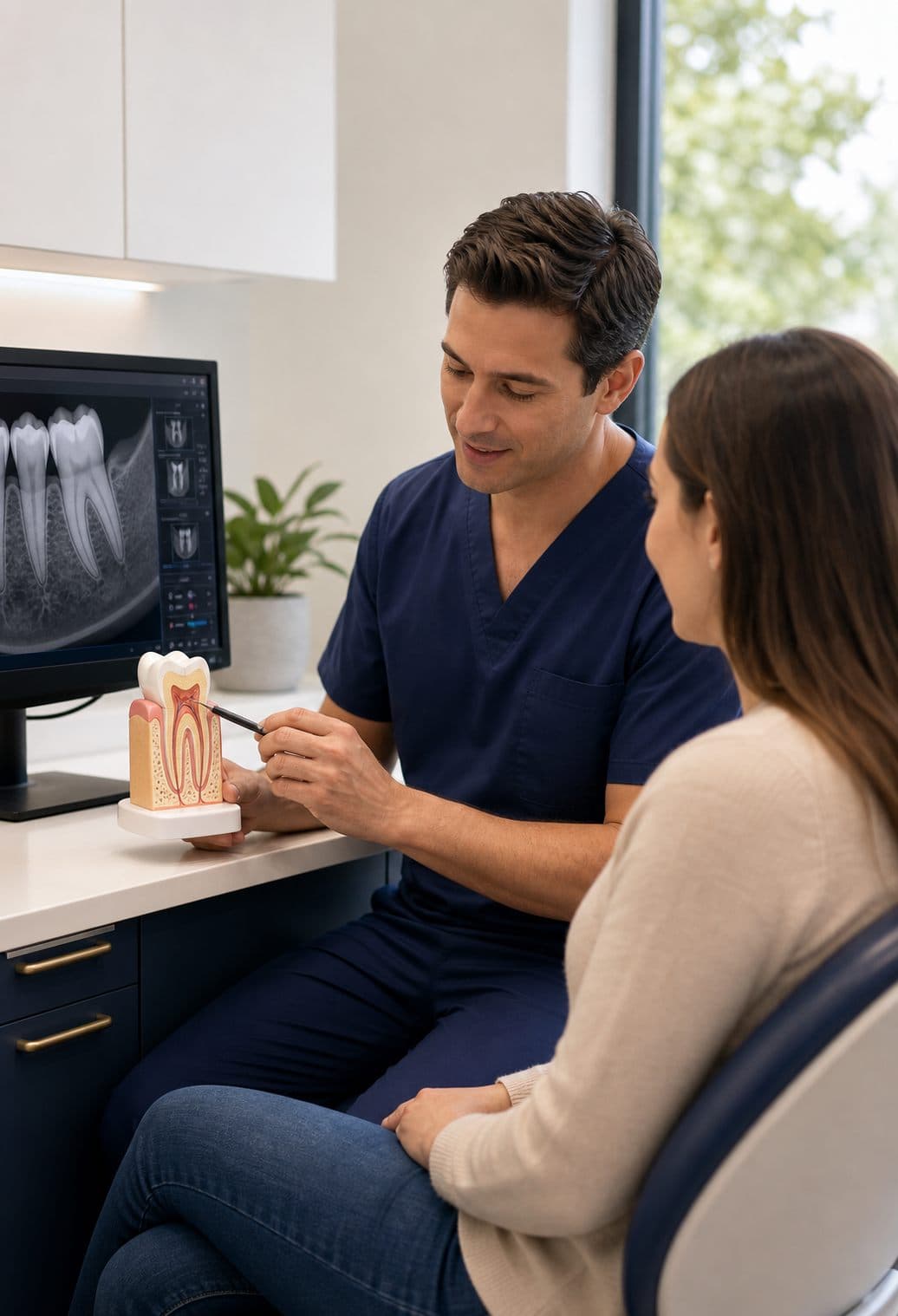 Root canal consultation with a tooth anatomy model at Solar Endodontics